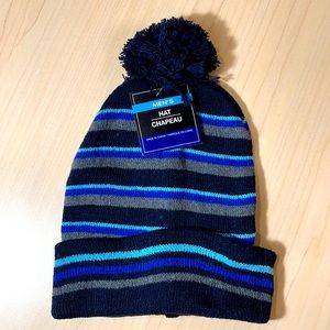 Men’s Winter Hat, Black with Blue and Grey Stripes